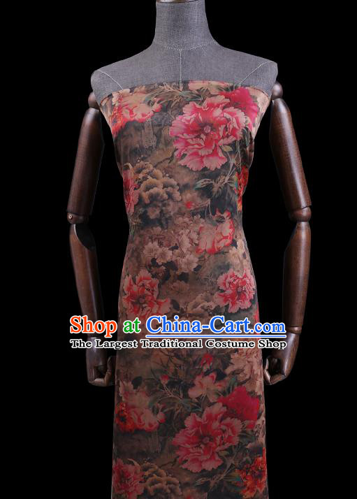 Chinese Brown Silk Drapery Classical Peony Pattern Satin Fabric Cheongsam Damask Traditional Gambiered Guangdong Gauze Cloth