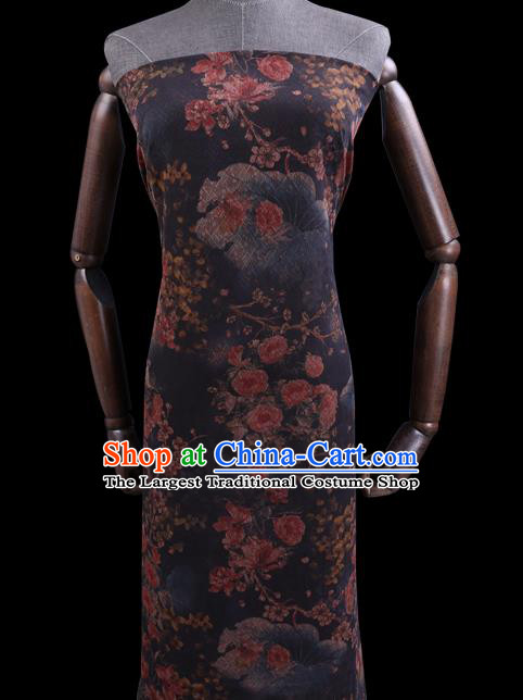 Chinese Classical Flowers Pattern Satin Fabric Cheongsam Damask Traditional Gambiered Guangdong Gauze Cloth Black Silk Drapery