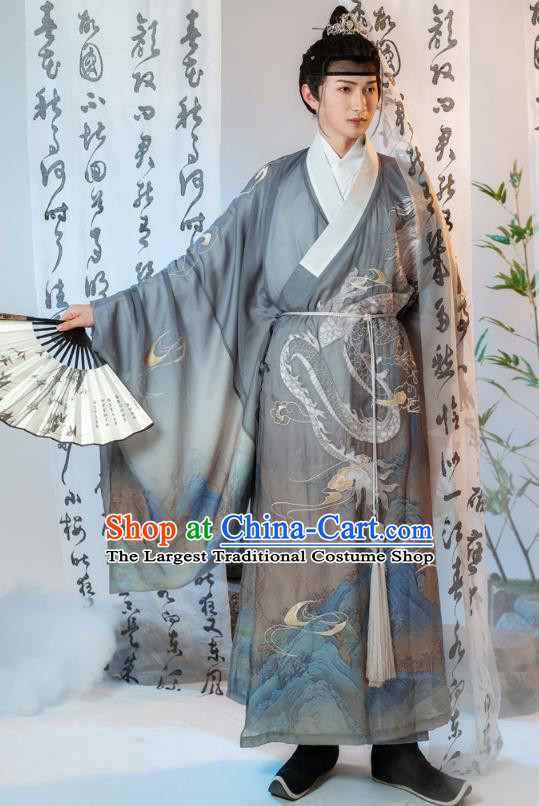 Ancient China Swordsman Embroidered Costumes Traditional Ming Dynasty Noble Childe Hanfu Clothing Grey Robe for Men