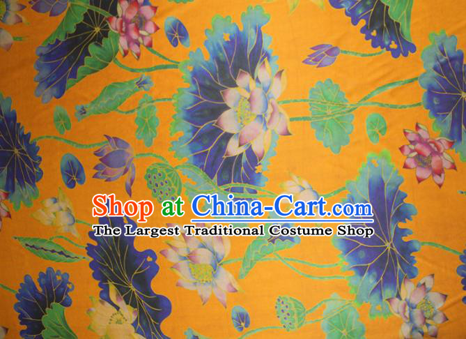 Chinese Classical Lotus Pattern Yellow Silk Drapery Traditional Gambiered Guangdong Gauze Cheongsam Satin Fabric