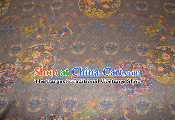 Chinese Classical Crane Pattern Silk Drapery Traditional Gambiered Guangdong Gauze Cheongsam Navy Satin Fabric