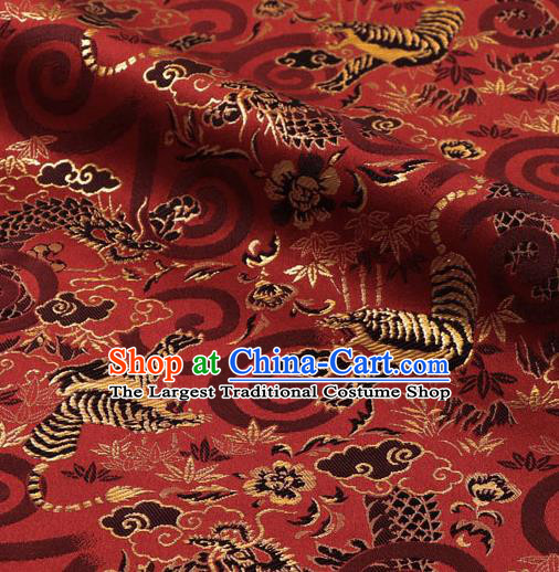 Asian Japanese Nishijin Tapestry Satin Kimono Cloth Fabric Traditional Dragon Tiger Pattern Design Red Brocade