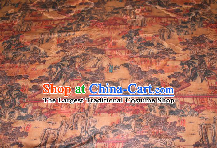 Chinese Classical Landscape Pattern Silk Drapery Traditional Gambiered Guangdong Gauze Cheongsam Ginger Satin Fabric