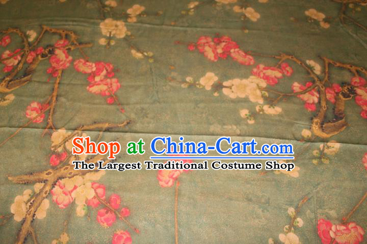 Chinese Traditional Cheongsam Gambiered Guangdong Gauze Fabric Classical Plum Blossom Pattern Olive Green Silk Drapery