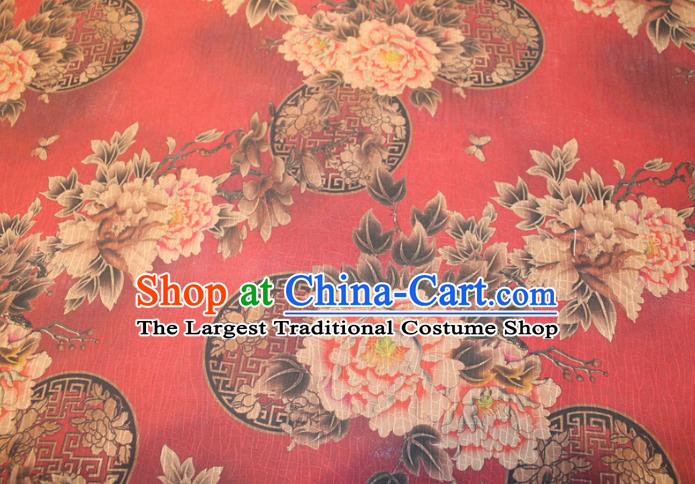 Chinese Classical Peony Pattern Silk Drapery Traditional Gambiered Guangdong Gauze Cheongsam Red Satin Fabric