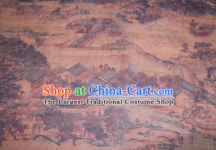 Chinese Cheongsam Ginger Satin Fabric Traditional Ginger Gambiered Guangdong Gauze Classical Scenery Pattern Silk Drapery