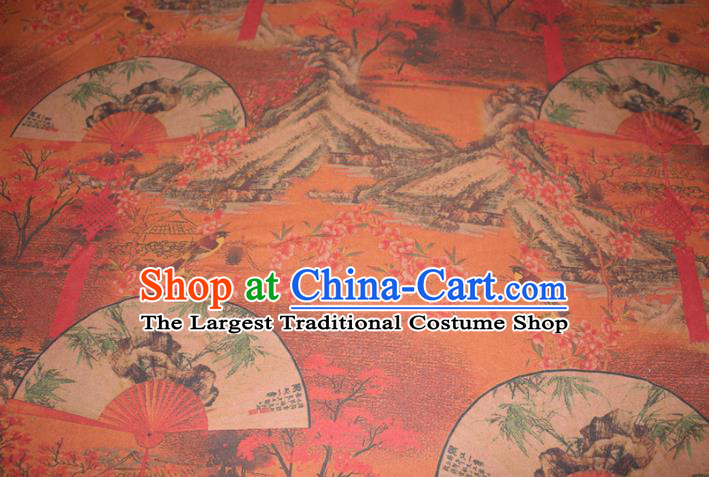 Chinese Cheongsam Orange Satin Fabric Traditional Gambiered Guangdong Gauze Classical Peach Blossom Fan Pattern Silk Drapery