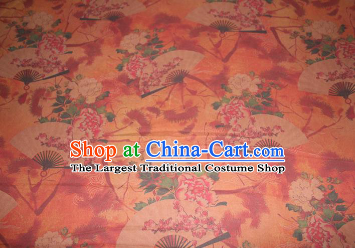 Chinese Cheongsam Orange Satin Fabric Traditional Gambiered Guangdong Gauze Classical Peony Fan Pattern Silk Drapery
