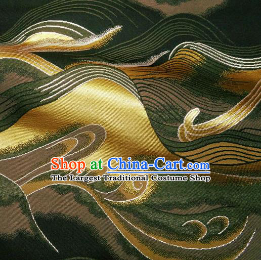 Asian Traditional Wave Pattern Design Brocade Japanese Kimono Nishijin Tapestry Satin Black Cloth Fabric