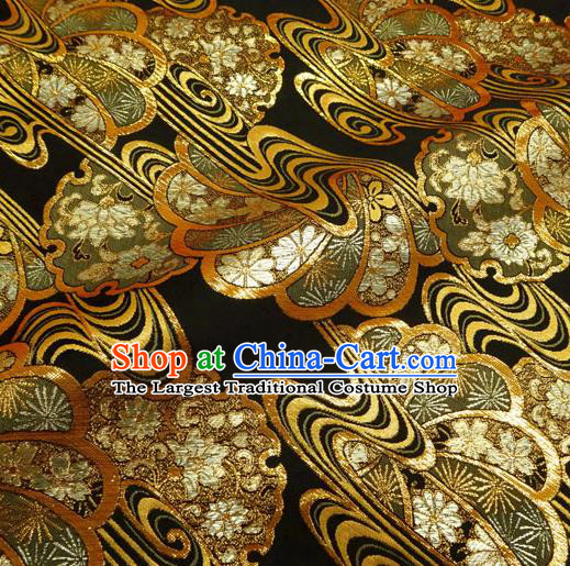 Asian Traditional Flow Sakura Pattern Design Black Brocade Japanese Cloth Fabric Kimono Nishijin Tapestry Satin