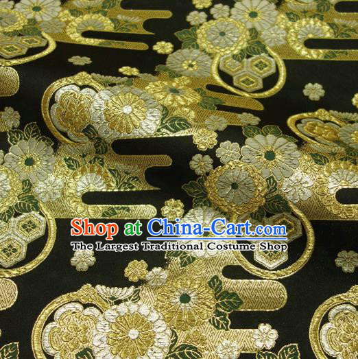 Asian Kimono Nishijin Tapestry Satin Traditional Chrysanthemum Pattern Design Black Brocade Japanese Cloth Fabric