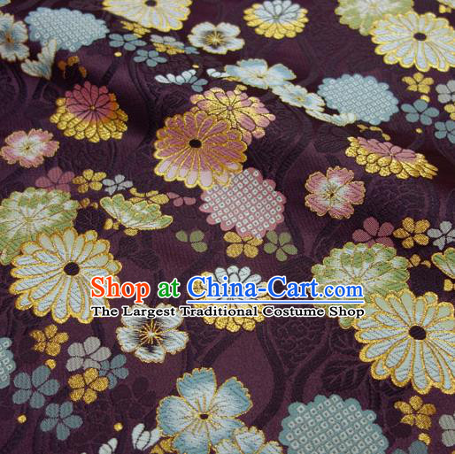 Asian Traditional Chrysanthemum Pattern Design Brocade Japanese Cloth Kimono Purple Damask Nishijin Tapestry Satin Fabric