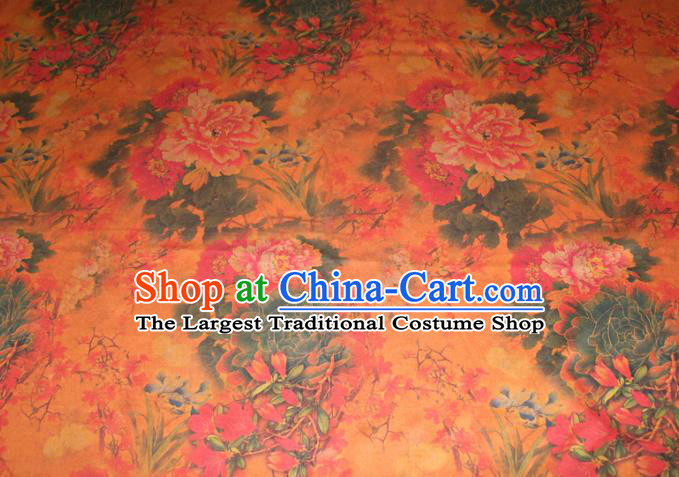 Chinese Cheongsam Classical Peony Orchid Pattern Silk Drapery Traditional Fabric Yellow Gambiered Guangdong Gauze