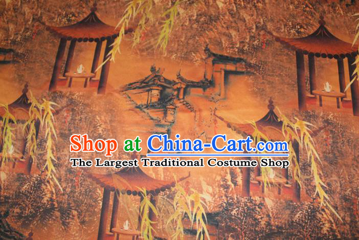 Chinese Classical Lan Pavilion Pattern Silk Drapery Traditional Cheongsam Orange Gambiered Guangdong Gauze Fabric