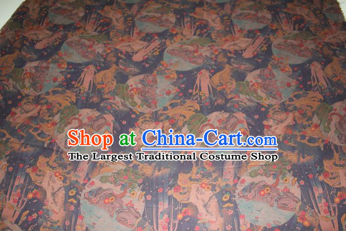 Chinese Traditional Gambiered Guangdong Gauze Cheongsam Satin Fabric Classical Plum Fan Dragon Pattern Navy Silk Drapery