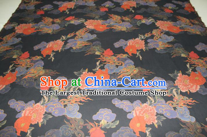 Chinese Traditional Black Gambiered Guangdong Gauze Cheongsam Satin Fabric Classical Cloud Peony Pattern Silk Drapery