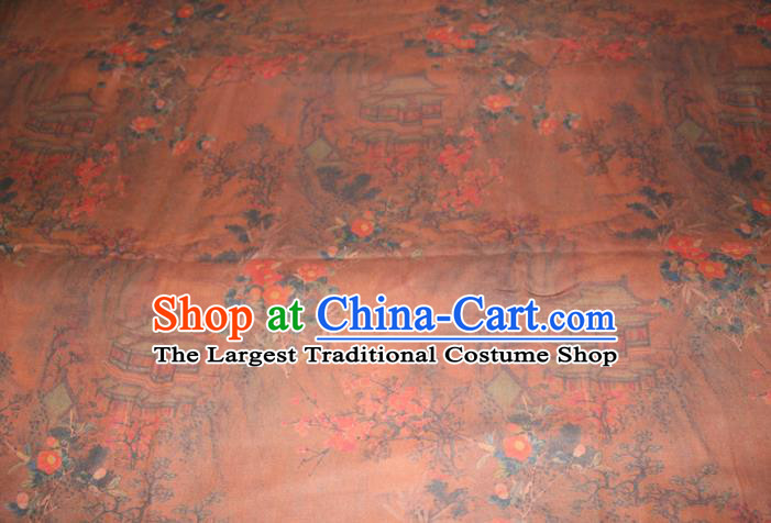 Chinese Traditional Ginger Gambiered Guangdong Gauze Cheongsam Satin Fabric Classical Plum Pavilion Pattern Silk Drapery