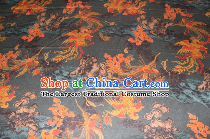 Chinese Traditional Dark Green Gambiered Guangdong Gauze Cheongsam Satin Fabric Classical Phoenix Pattern Silk Drapery