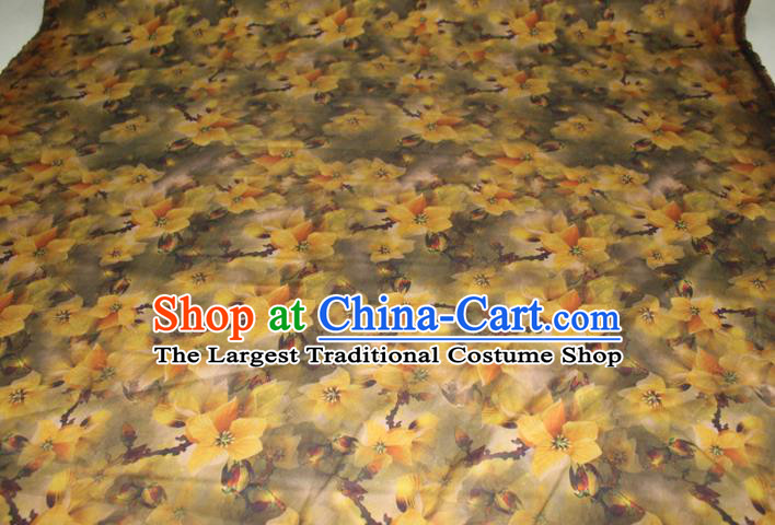 Chinese Traditional Olive Green Gambiered Guangdong Gauze Cheongsam Satin Fabric Classical Yellow Flowers Pattern Silk Drapery