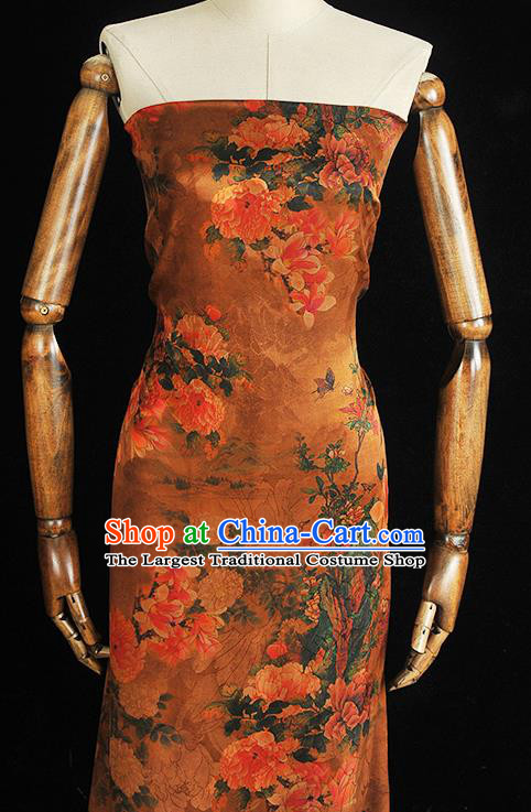 Chinese Classical Peony Pattern Silk Jacquard Drapery Traditional Gambiered Guangdong Gauze Cheongsam Ginger Satin Fabric