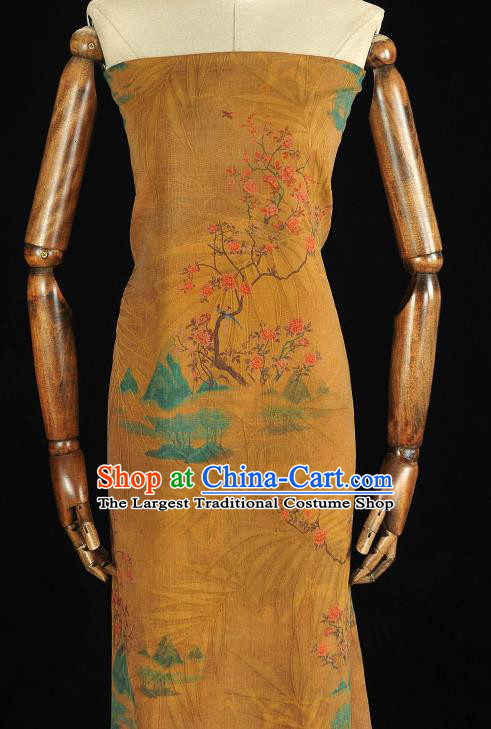 Chinese Classical Peach Flowers Pattern Silk Drapery Traditional Cheongsam Silk Fabric Yellow Gambiered Guangdong Gauze