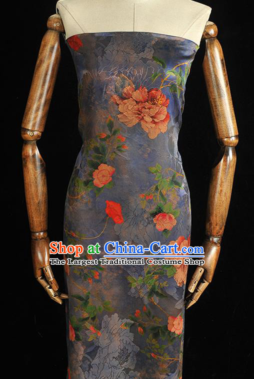 Chinese Classical Peony Pattern Silk Jacquard Drapery Traditional Gambiered Guangdong Gauze Cheongsam Navy Satin Fabric