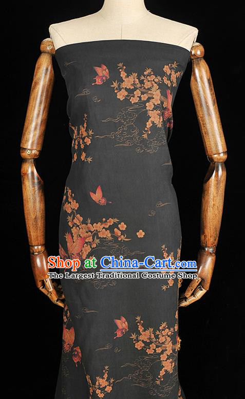 Chinese Classical Plum Butterfly Pattern Gambiered Guangdong Gauze Cheongsam Silk Fabric Traditional Black Silk Drapery