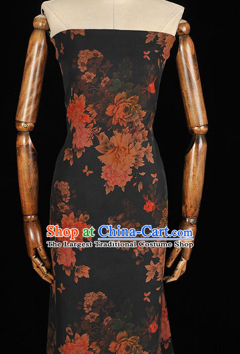 Chinese Cheongsam Black Silk Fabric Classical Peony Pattern Gambiered Guangdong Gauze Traditional Silk Drapery