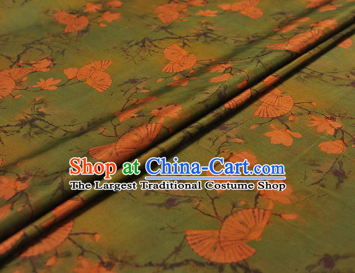Chinese Traditional Classical Mangnolia Fan Pattern Gambiered Guangdong Gauze Silk Drapery Cheongsam Green Cloth Fabric