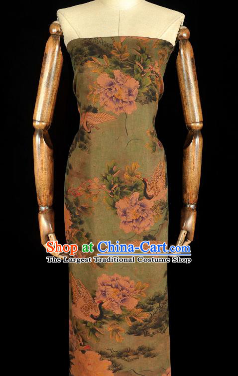 Chinese Classical Crane Peony Pattern Satin Gambiered Guangdong Gauze Cheongsam Cloth Fabric Traditional Green Silk Drapery