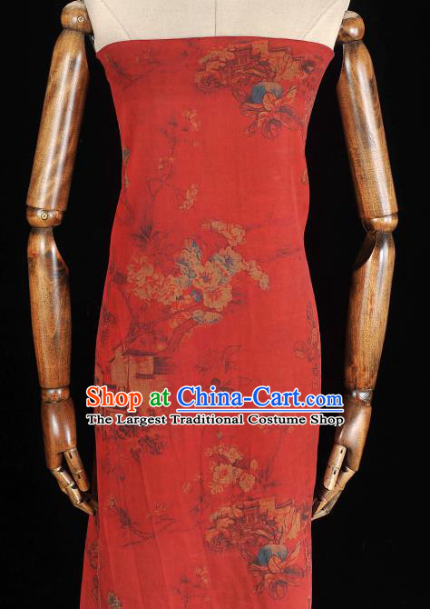 Chinese Traditional Cheongsam Cloth Classical Peach Blossom Pattern Gambiered Guangdong Gauze Red Silk Fabric