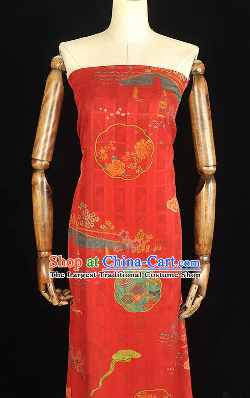 Chinese Traditional Red Gambiered Guangdong Gauze Cheongsam Cloth Classical Bridge Flowers Pattern Silk Fabric