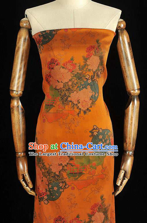 Chinese Orange Gambiered Guangdong Gauze Traditional Cheongsam Satin Cloth Classical Peony Plum Pattern Silk Fabric