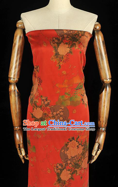 Chinese Traditional Cheongsam Satin Cloth Classical Peony Plum Pattern Silk Fabric Red Gambiered Guangdong Gauze