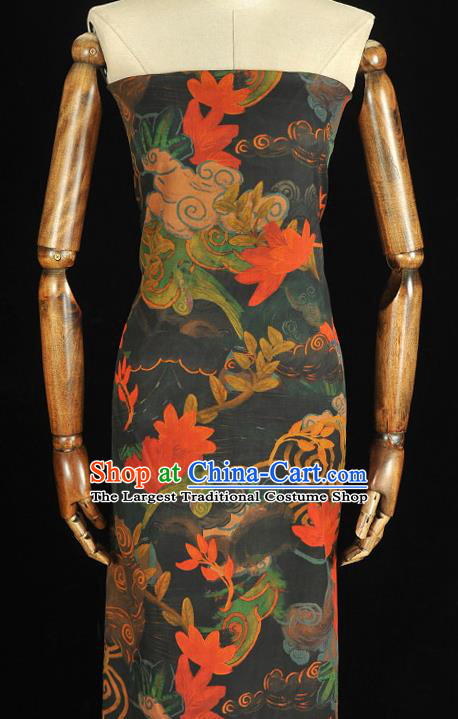 Chinese Traditional Black Silk Fabric Cheongsam Satin Cloth Classical Red Lotus Pattern Gambiered Guangdong Gauze