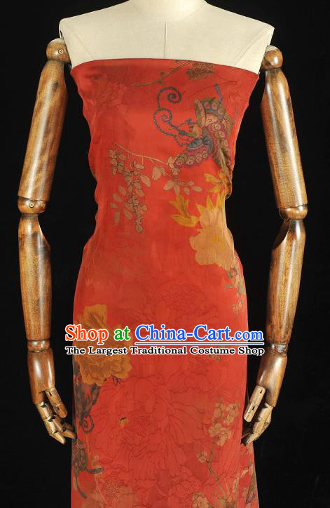 Chinese Classical Peony Butterfly Pattern Gambiered Guangdong Gauze Traditional Silk Fabric Cheongsam Red Satin Cloth