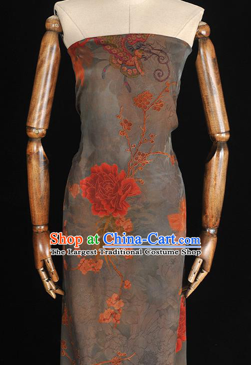 Chinese Traditional Cheongsam Satin Cloth Grey Gambiered Guangdong Gauze Classical Peony Butterfly Pattern Silk Fabric