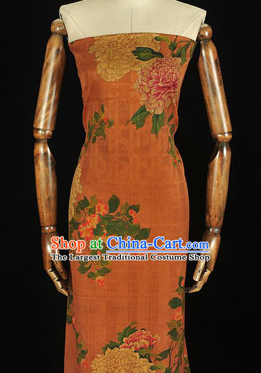 Chinese Cheongsam Cloth Traditional Ginger Silk Fabric Classical Peony Pattern Gambiered Guangdong Gauze