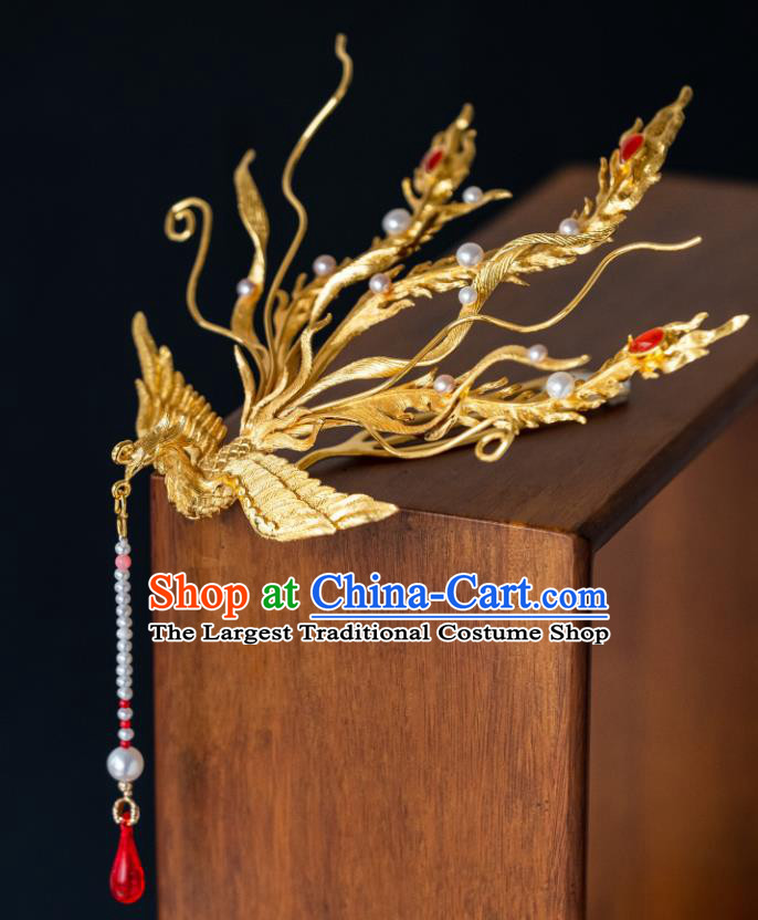 China Traditional Ming Dynasty Empress Gilding Phoenix Tassel Hairpin Ancient Court Queen Hair Crown Hair Accessories