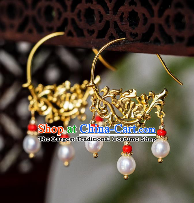 China Ming Dynasty Pearls Tassel Earrings Traditional Palace Gilding Peony Ear Jewelry