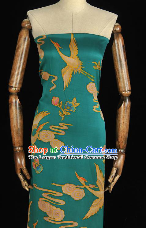 Chinese Classical Crane Flower Pattern Silk Fabric Blue Satin Cloth Traditional Cheongsam Gambiered Guangdong Gauze