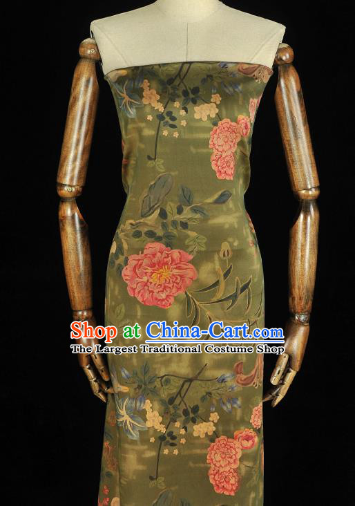 Chinese Cheongsam Classical Spring Flowers Pattern Silk Fabric Green Satin Cloth Traditional Gambiered Guangdong Gauze