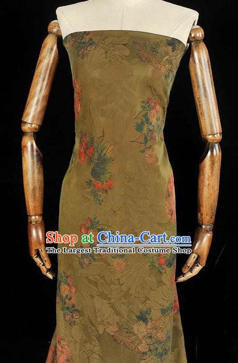 Chinese Cheongsam Classical Chrysanthemum Peony Pattern Green Satin Cloth Traditional Gambiered Guangdong Gauze Jacquard Silk Fabric