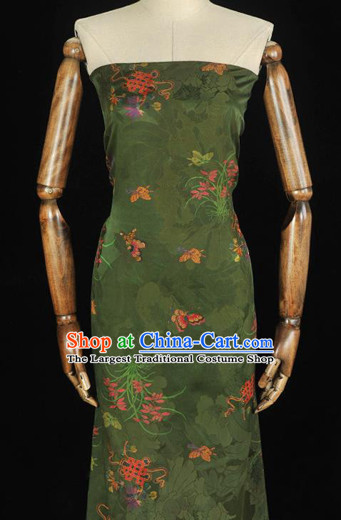 Chinese Traditional Jacquard Silk Fabric Cheongsam Gambiered Guangdong Gauze Classical Butterfly Orchids Pattern Deep Green Satin Cloth