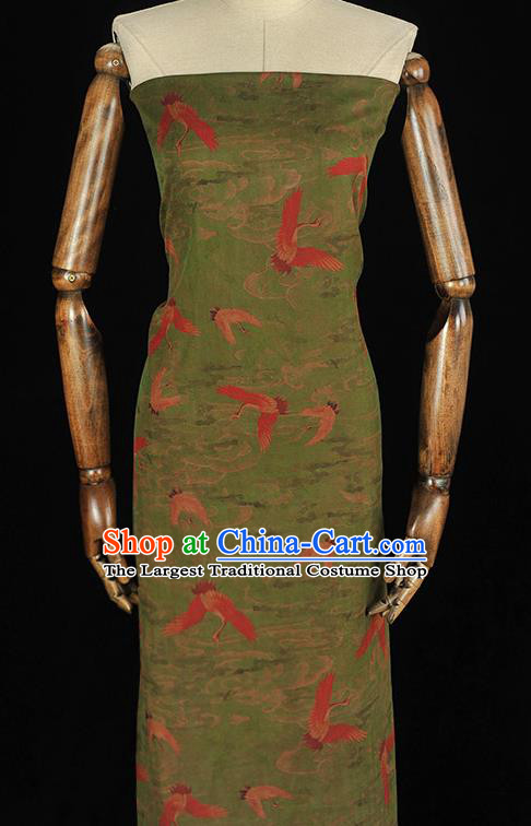 Chinese Cheongsam Gambiered Guangdong Gauze Traditional Silk Fabric Classical Cranes Pattern Green Cloth