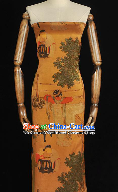 Chinese Traditional Ginger Gambiered Guangdong Gauze Classical Beauty Pattern Silk Fabric Cheongsam Satin Cloth