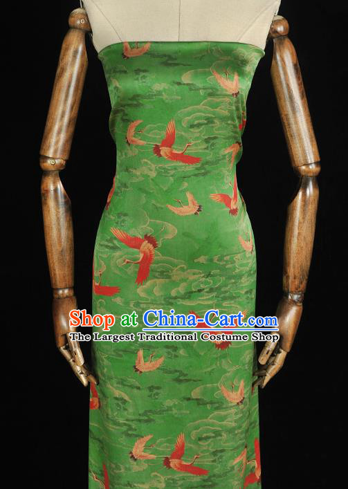 Chinese Satin Fabric Traditional Cheongsam Gambiered Guangdong Gauze Classical Cranes Pattern Green Silk Cloth