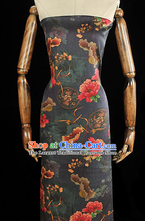 Chinese Classical Lotus Peony Pattern Silk Material Traditional Fabric Navy Gambiered Guangdong Gauze Cheongsam Satin