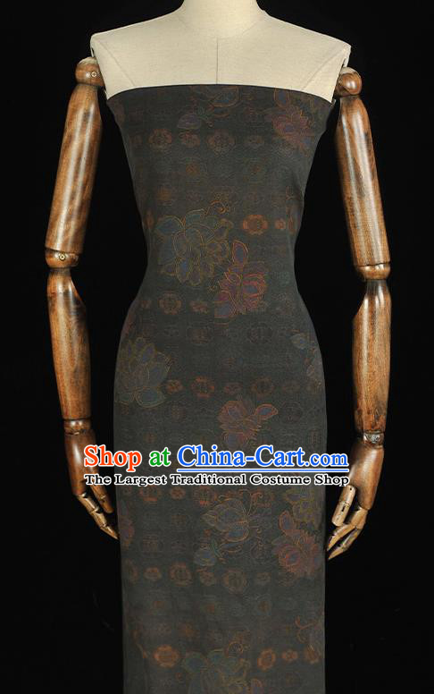 Chinese Cheongsam Gambiered Guangdong Gauze Classical Lotus Pattern Navy Silk Cloth Traditional Jacquard Fabric