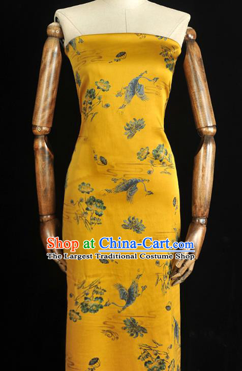 Chinese Classical Crane Lotus Pattern Silk Material Cheongsam Traditional Yellow Satin Fabric Gambiered Guangdong Gauze